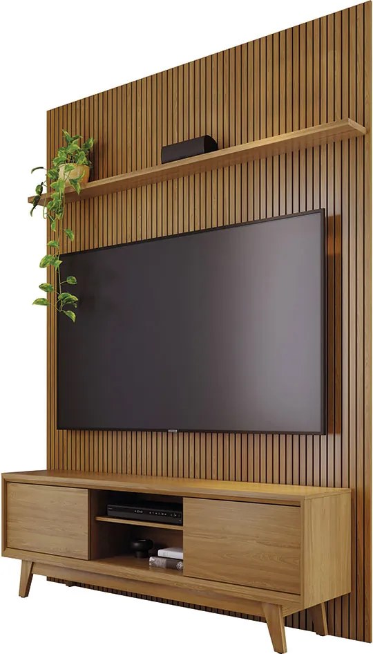 Conjunto Painel com Bancada Cesar 2 Portas Deslizantes 2 Prateleiras MDP até 65 Cumaru G97 - Gran Belo