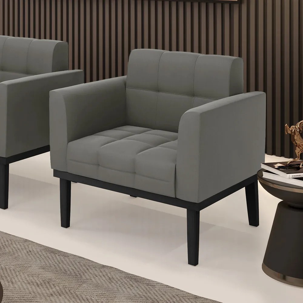 Poltrona Decorativa Karen Pés Fixo em Madeira Preto Suede Grafite G19 - Gran Belo
