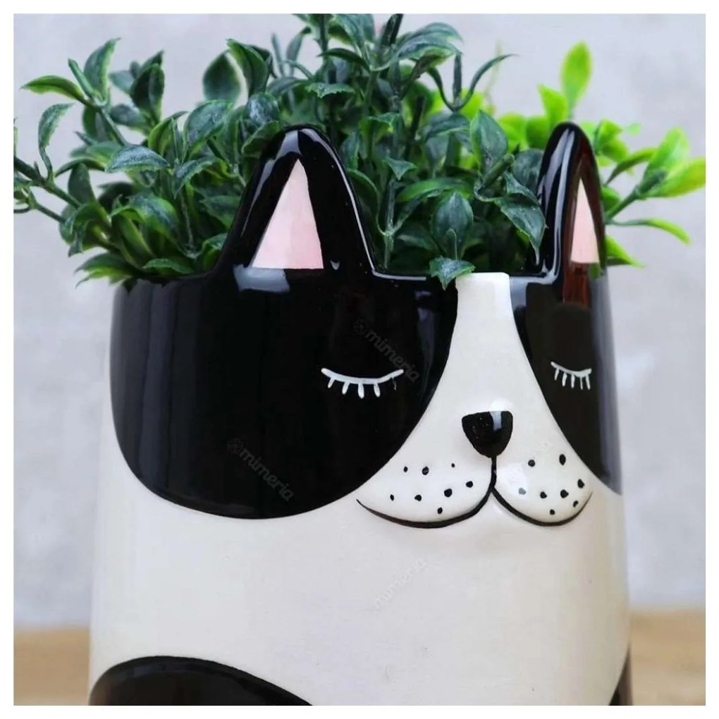 Cachepot Vaso Decorativo de Cerâmica Cachorro Branco e Preto