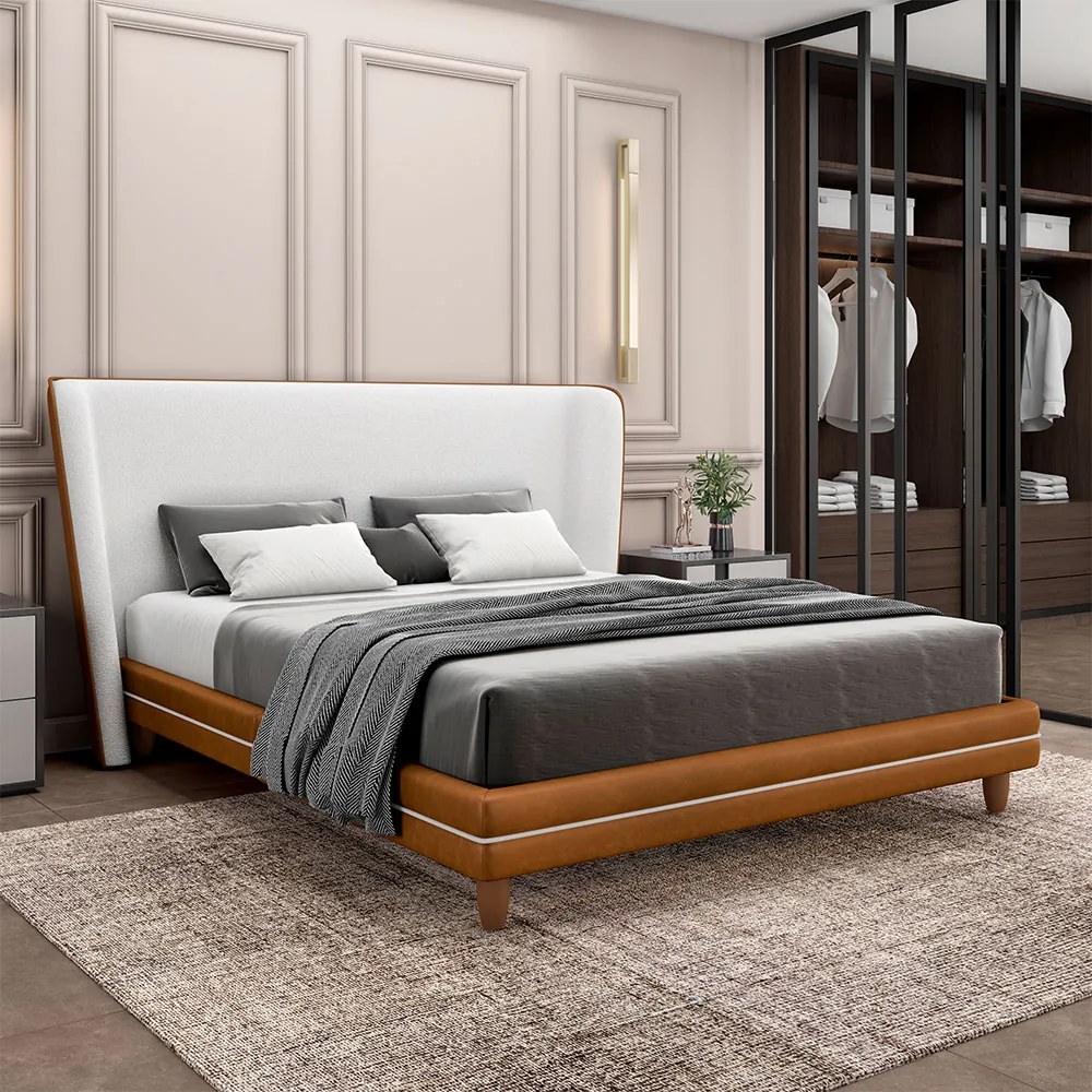 Conjunto Cama com Cabeceira Queen Torres Pés em Madeira PU/Bouclê Caramelo/Off White G91 - Gran Belo