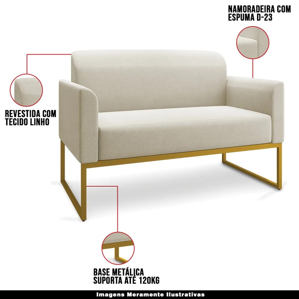 Poltrona Namoradeira Decorativa Isabella Base Industrial Linho Bege/Dourado G19 - Gran Belo