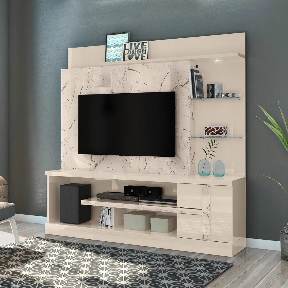 Estante de TV 55 Pol 182cm Sala de Estar Elaris Calacata/Off White M20 - D'Rossi