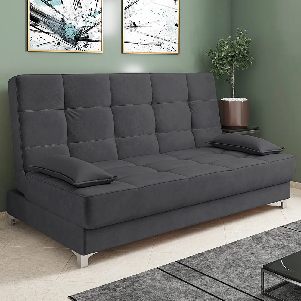 Sofá Cama Equador 193 cm Encosto Reclinável Veludo Grafite Pés Plástico Cromado - D'Rossi