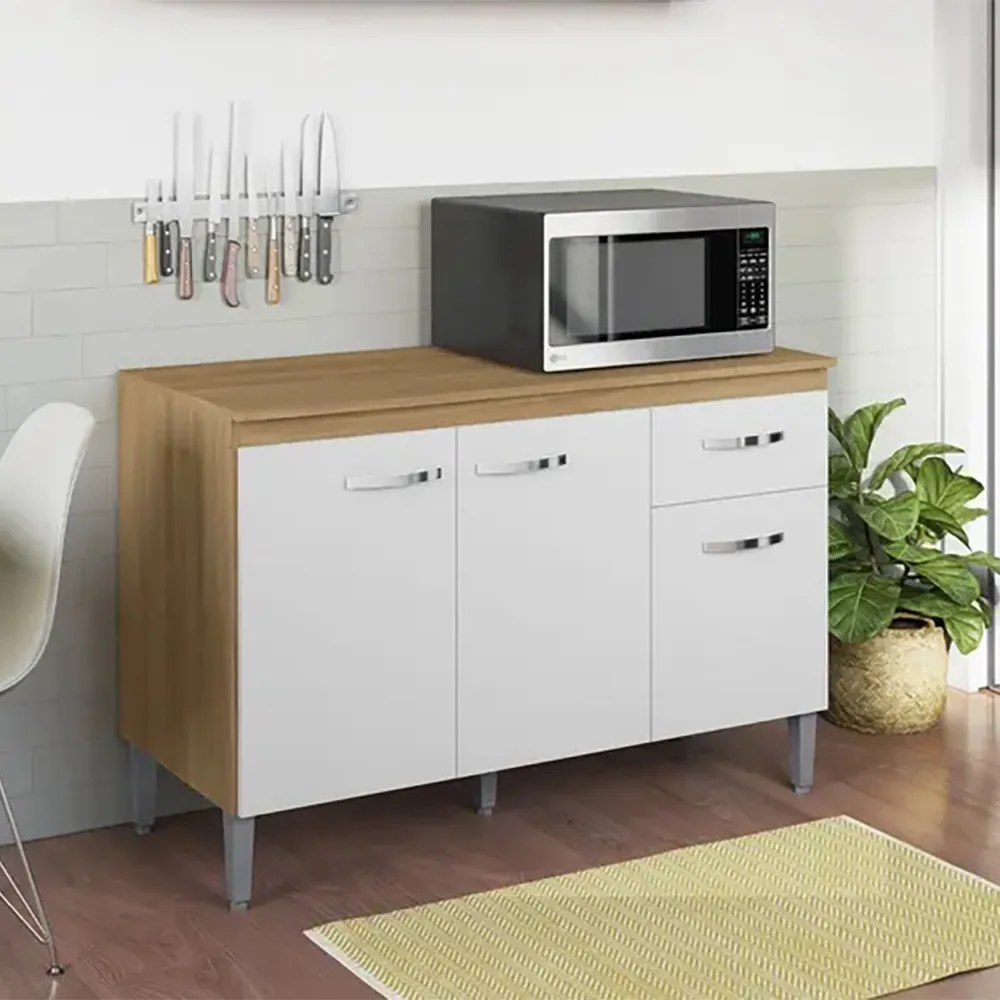 Balcão Cozinha com Tampo 120cm 3 Portas 1 Gaveta Michely A01 - D'Rossi - Amendoa e Branco