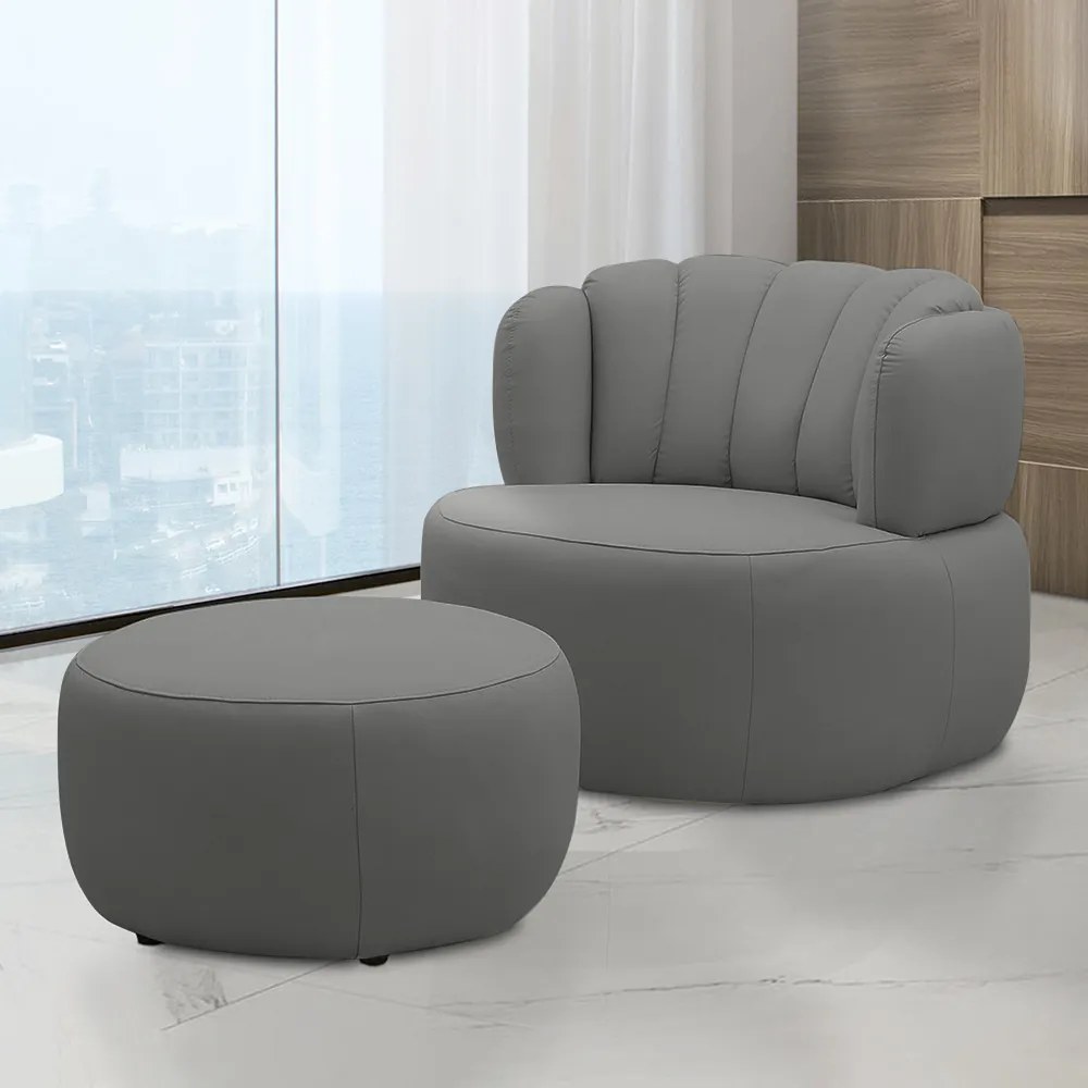 Conjunto Sala de estar Decorativo Mariele Poltrona Base Giratória em Aço com Puff Couro Grafite G88 - Gran Belo