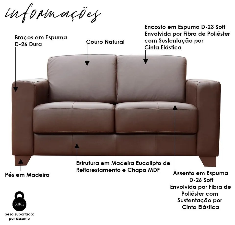 Sofá 2 Lugares Estocolmo 155cm Couro Chocolate G03 - Gran Belo
