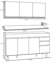 Armário Aéreo Argélia e Balcão Gabinete 150cm Marrocos Castanho/Cinza