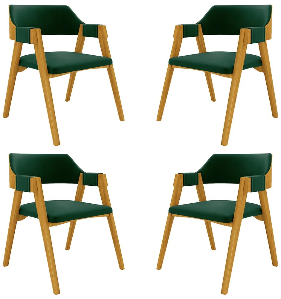 Kit 4 Cadeiras Sala de Jantar e Jogos Carteados Madeira Maciça Poker Veludo Verde/Mel G42 - Gran Belo