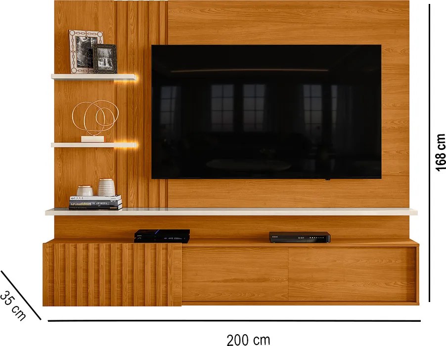 Painel TV 65 Pol 200cm Bancada Suspensa Ripado Mirellin Cinamomo/Off White M20 - D'Rossi