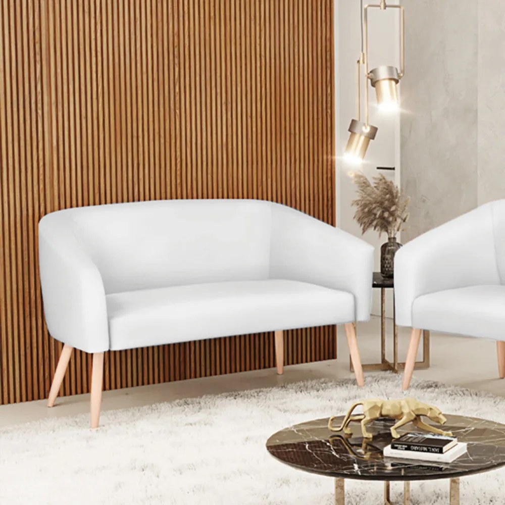 Sofá 2 Lugares Namoradeira Pé Palito Natural Stella Sintético Branco D03 - D'Rossi
