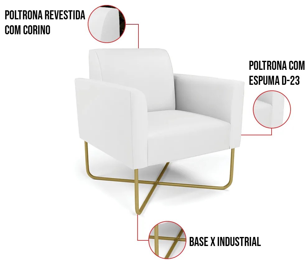 Kit 2 Poltronas Base X Industrial Dourado Marisa Corino  D03 - D'Rossi - Branco