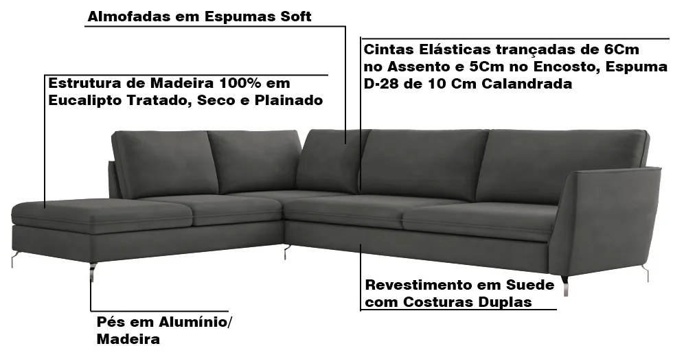 Sofá de Canto Chaise Esquerdo 287 cm Olívia Suede Grafite G52 - Gran Belo