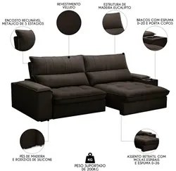 Sofá Retrátil 4 Lugares com Porta Copo 280cm Andes F05 Veludo Marrom E