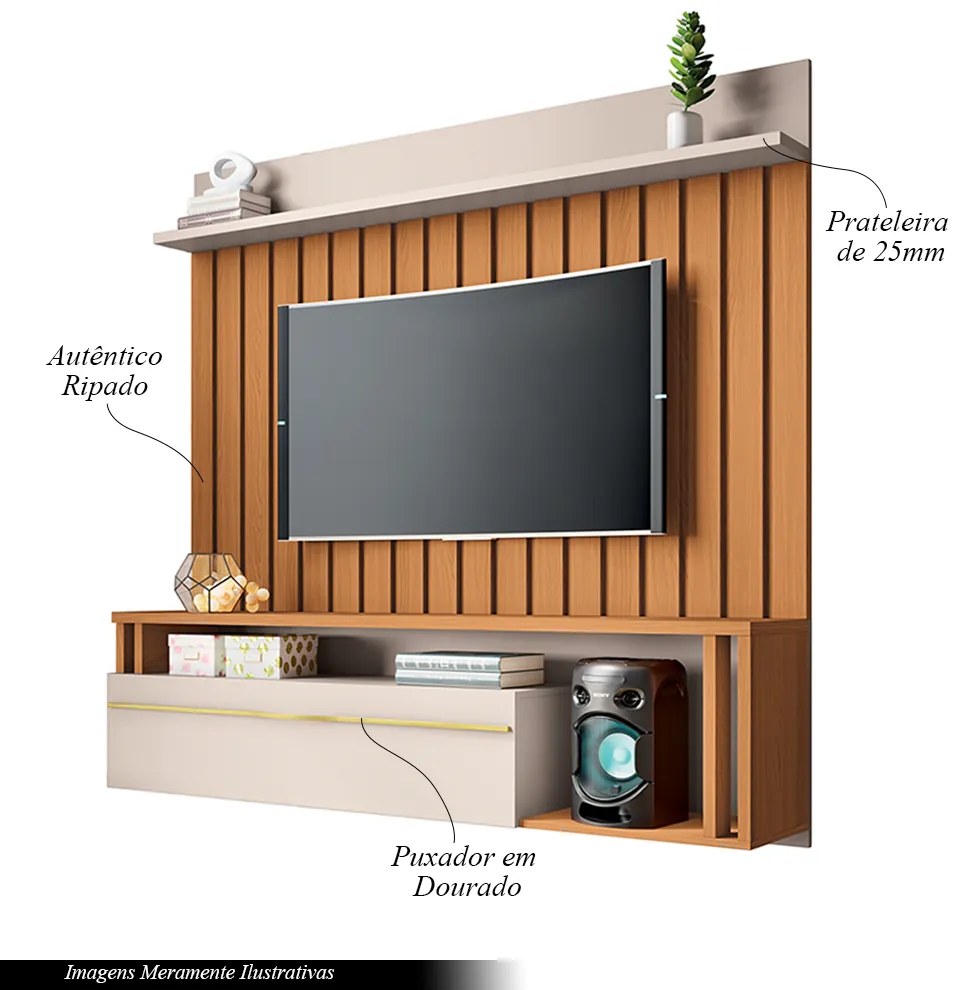 Painel Suspenso Decorativo Stesso Ripado pata TV até 55" Cinamomo/Off White G26 - Gran Belo