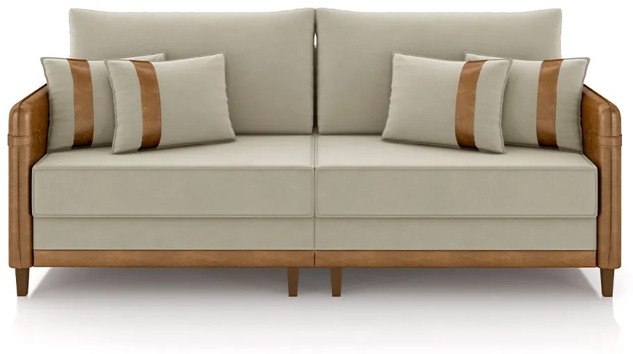 Sofá Living Montecarlo 2 Lugares Bipartido 172cm Pés em Madeira Veludo/PU Bege/Caramelo G33 - Gran Belo