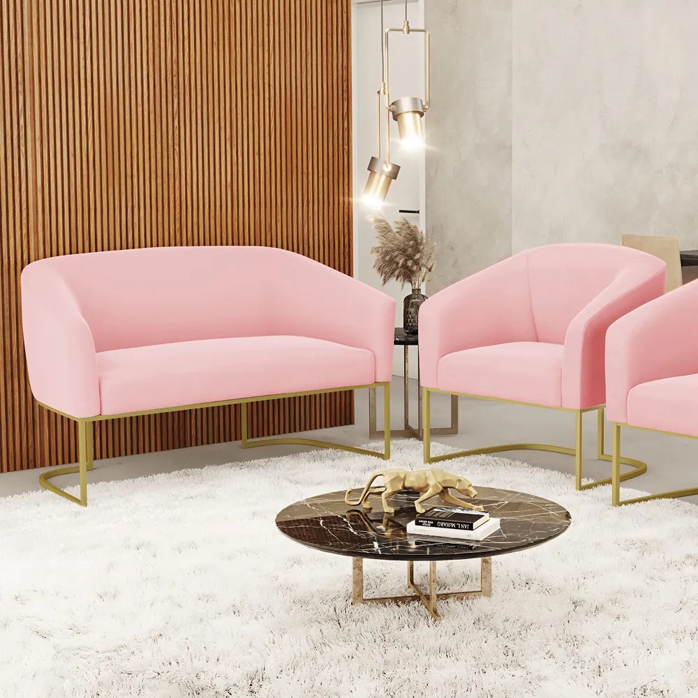 Namoradeira e Poltrona Base Industrial Dourado Stella Suede D03 - D'Rossi - Rosa Bebê