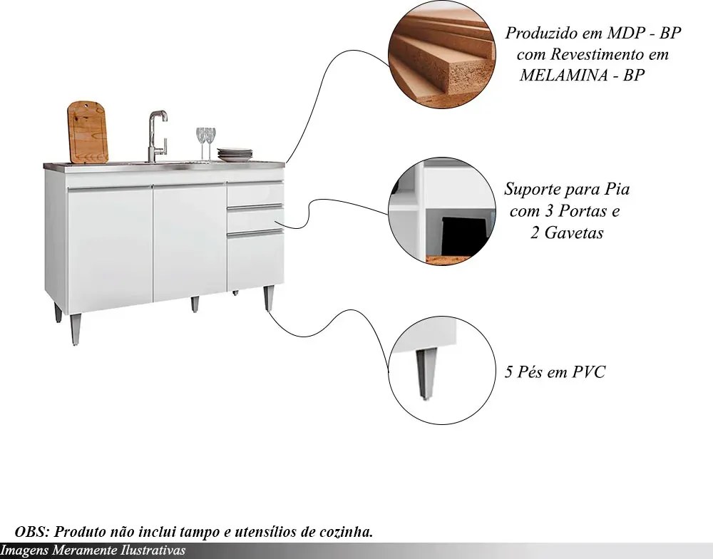 Balcão de Cozinha para Pia Pursat MDP/BP Branco G96 - Gran Belo