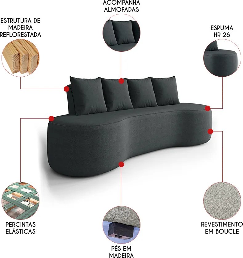 Sofá 3 Lugares Orgânico 210cm com Almofadas Benin Bouclê B03 - D'Rossi - Preto