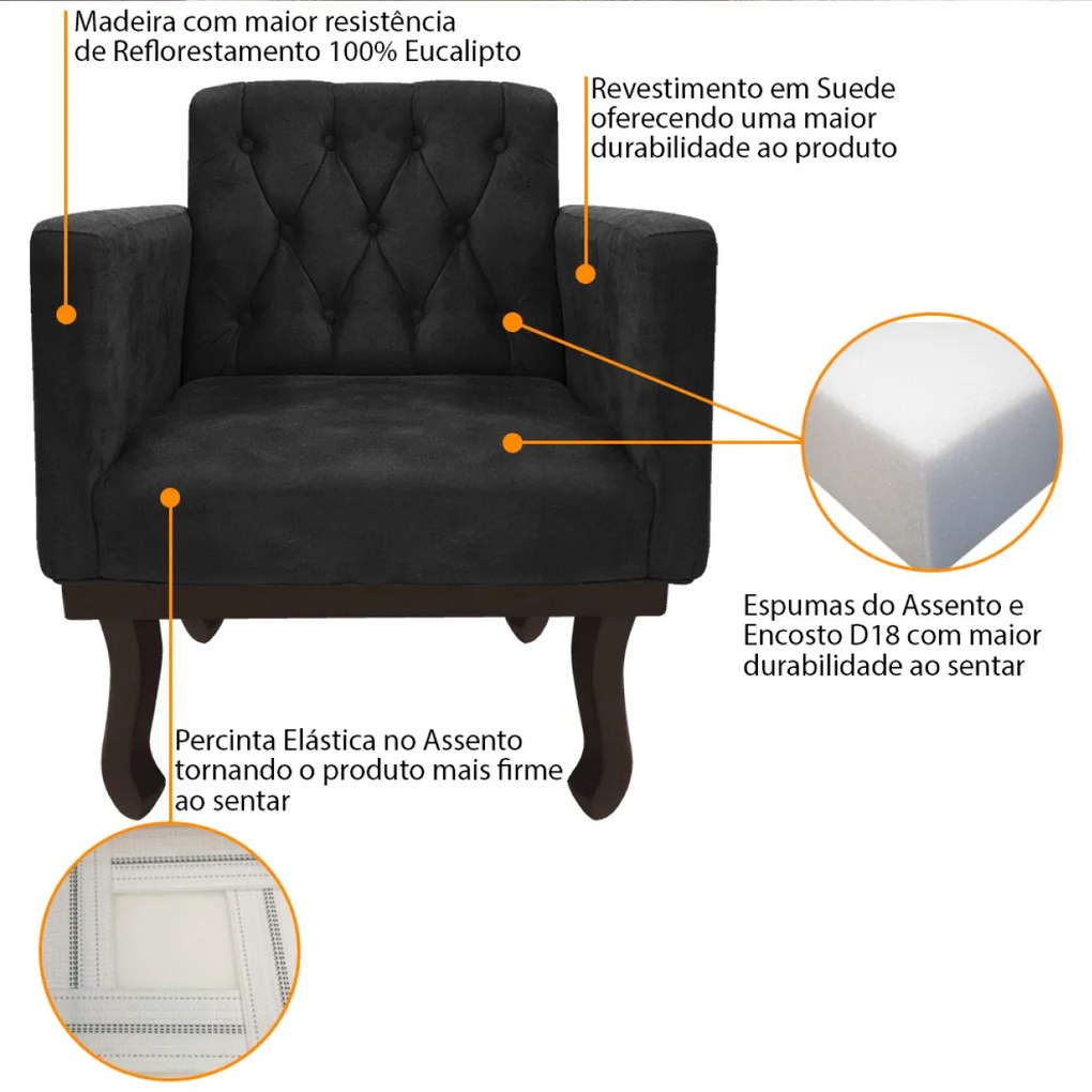 kit 02 Poltronas Classic Pés Luís XV Suede Preto - ADJ Decor