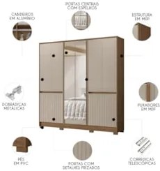 Guarda Roupa Casal 216cm Com Espelho Freeze Carvalho/Fendi Z17 - Mpoze