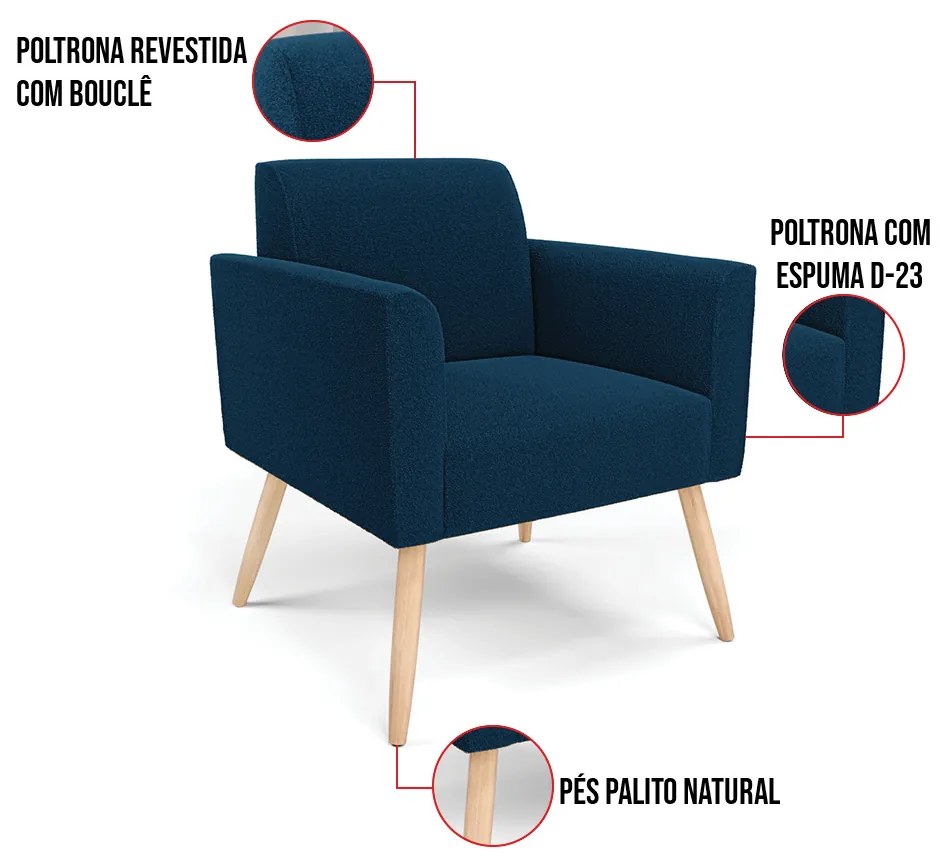 Poltrona Sala Estar Pé Palito Natural Marisa Bouclê D03 - D'Rossi - Azul