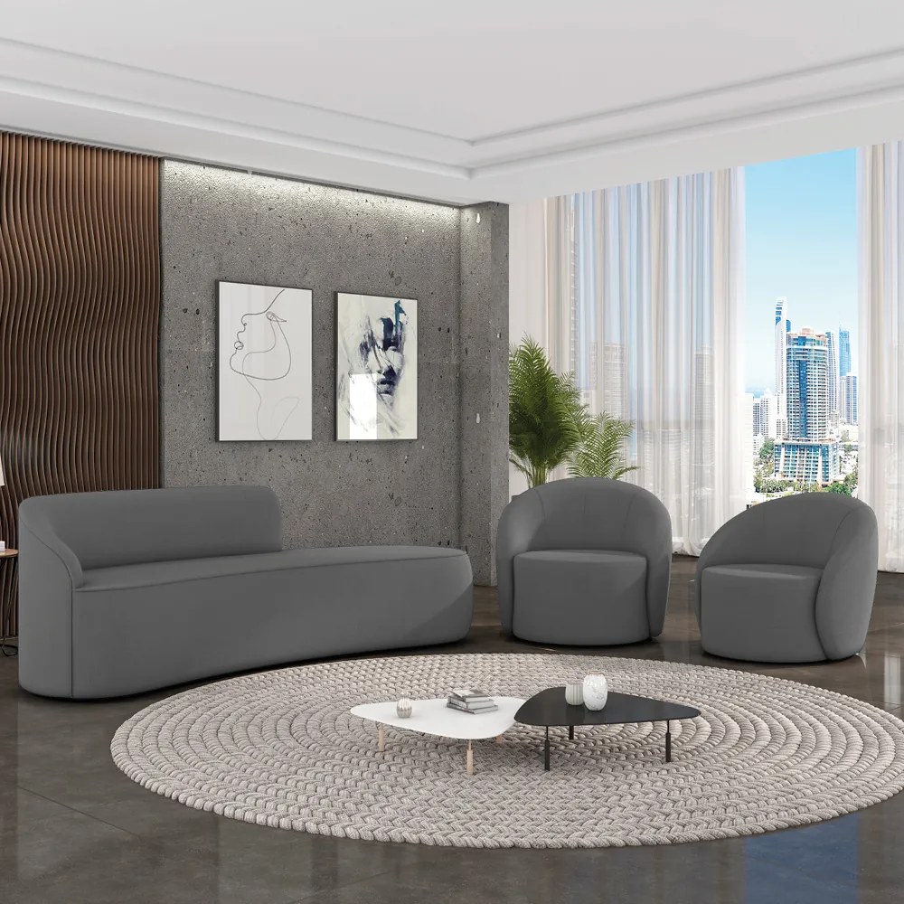 Sofá 4 Lugares Orgânico 220cm Morgan e 2 Poltronas Lua Suede Grafite D03 - D'Rossi