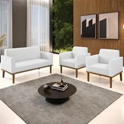 Sofá Namoradeira e 2 Poltronas Base Madeira Castanho Maressa Sintético