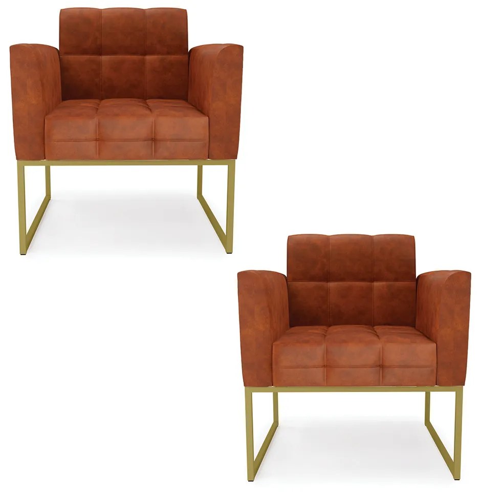 Poltrona Sala Decorativa Kit 2 Elisa Industrial Dourado Sintético Pu Nozes D03 - D'Rossi
