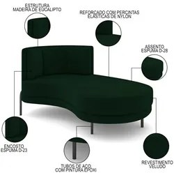 Chaise Longue Divã 164cm Braço Esquerdo Logus D06 Veludo Verde - Mpoze