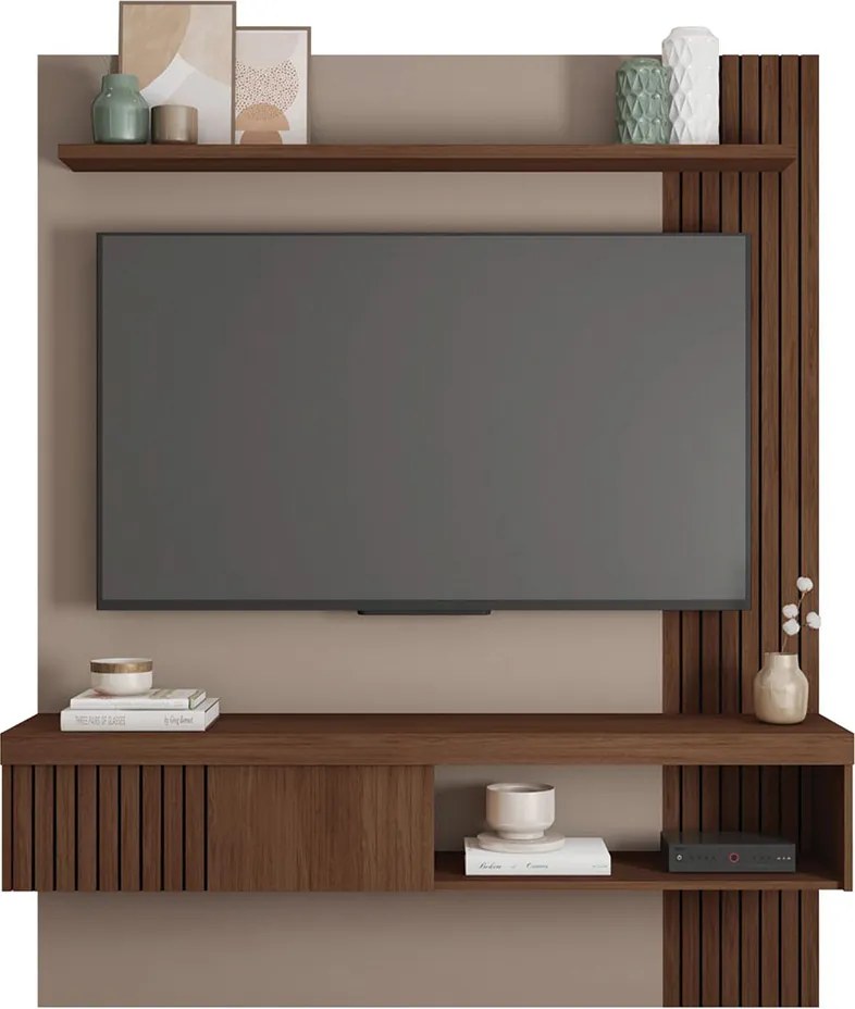 Painel Selina Ripado 150cm para TV até 55 com Porta de Correr e Prateleira MDP Fendi/Havana G11 - Gran Belo