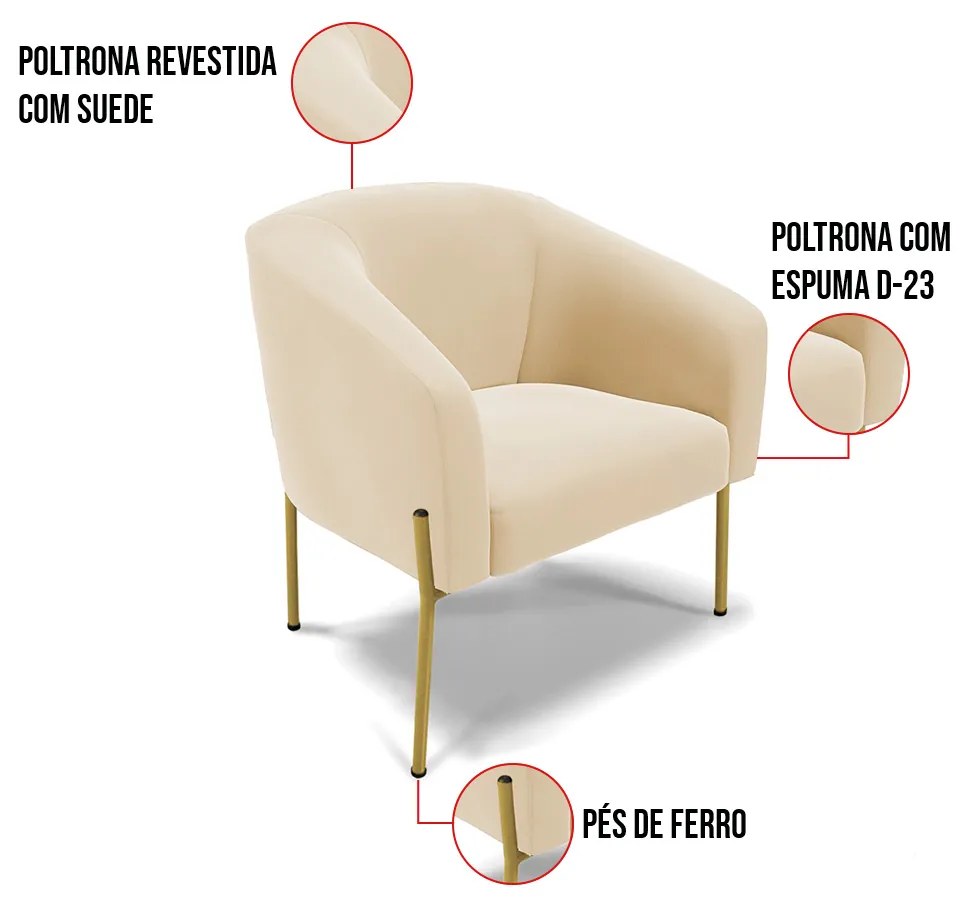 Poltrona Decorativa Pé de Ferro Dourado Kit 2 Stella Suede D03 - D'Rossi - Bege
