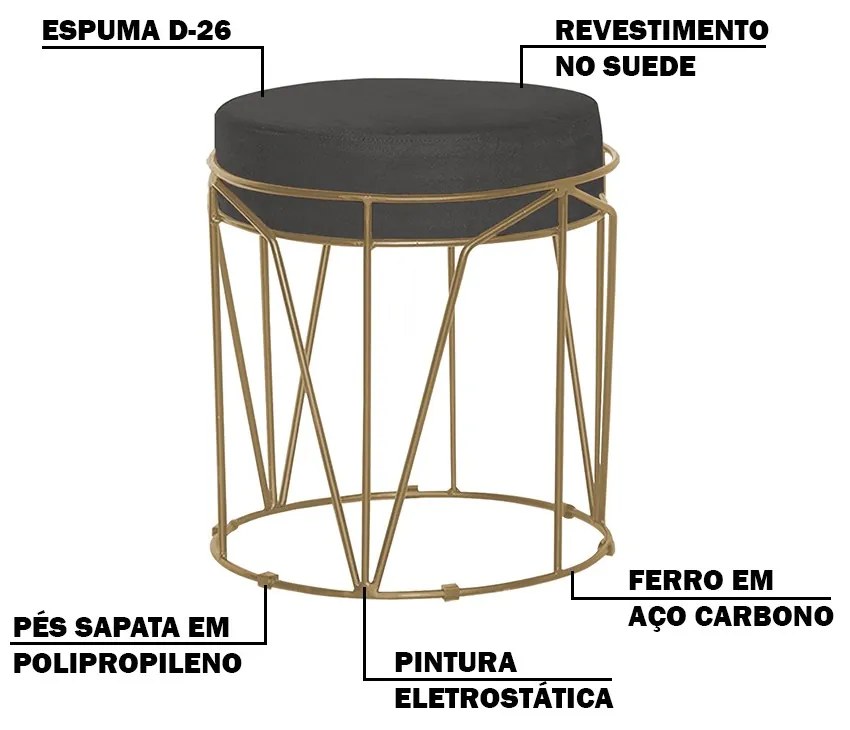 Puff Decorativo Sala de Estar Base Gold Chloe Suede Cinza G41 - Gran Belo