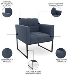 Sofá Namoradeira e 2 Poltronas Base Industrial Preto Ana Suede Azul Ma