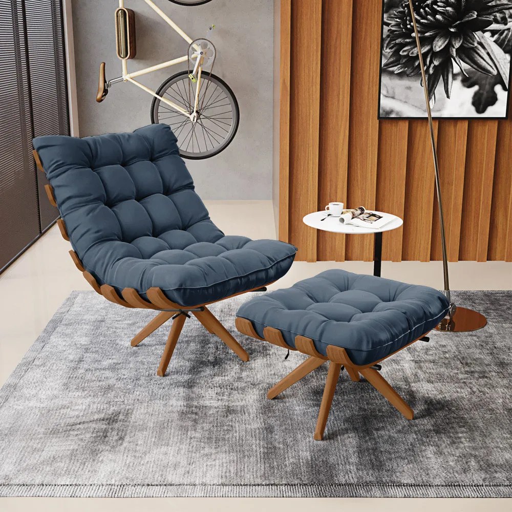 Poltrona com Puff Giratório Costela Suede Base de Madeira MA30 M11 - D'Rossi - Azul Marinho