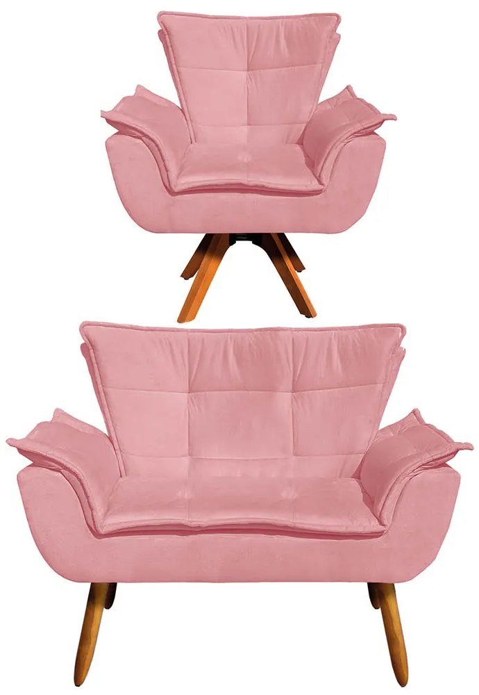 Sofá Namoradeira e Poltrona Giratória MM30 Opala Suede D03 - D'Rossi - Rose
