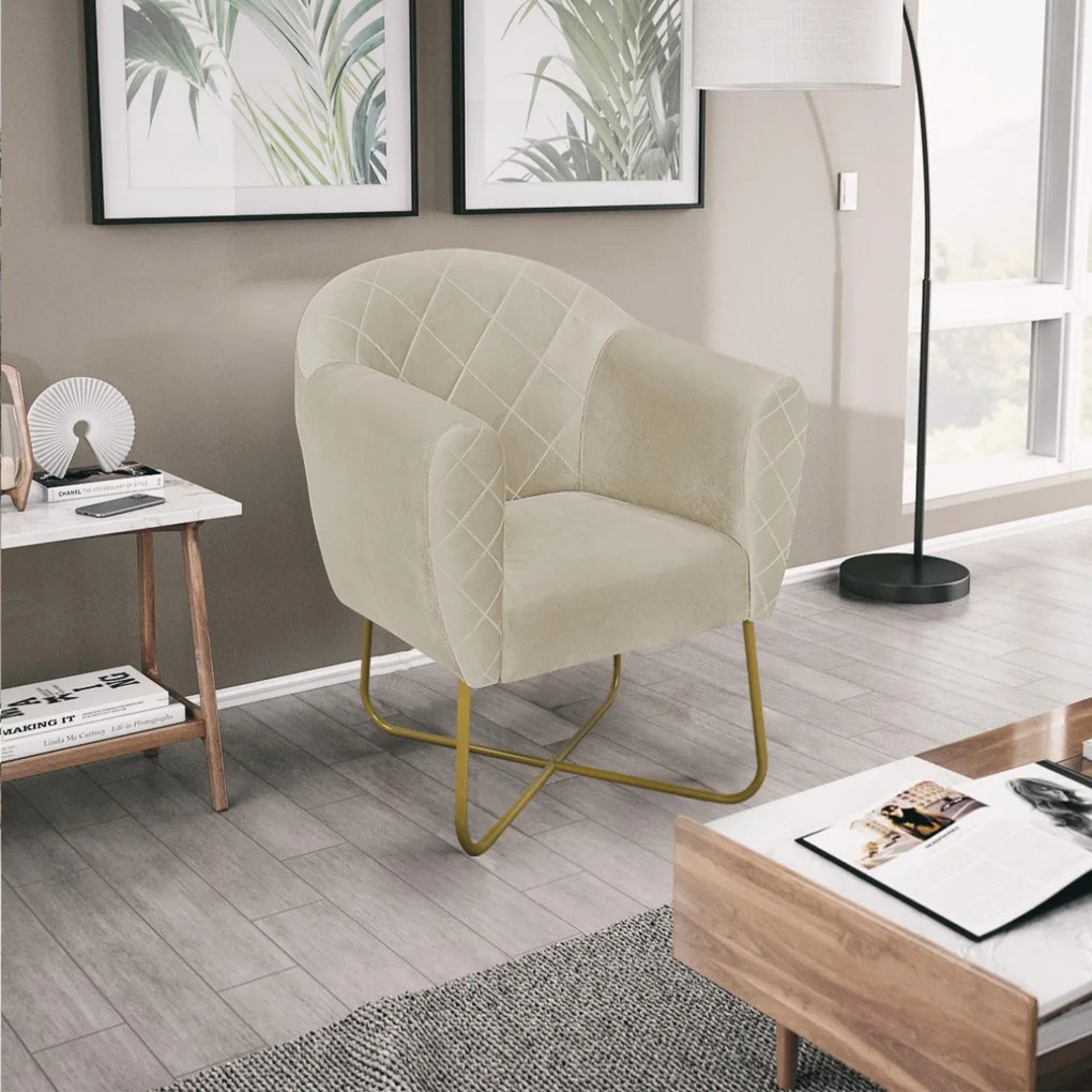 Poltrona Grazi Base X Dourada Linho - ADJ Decor