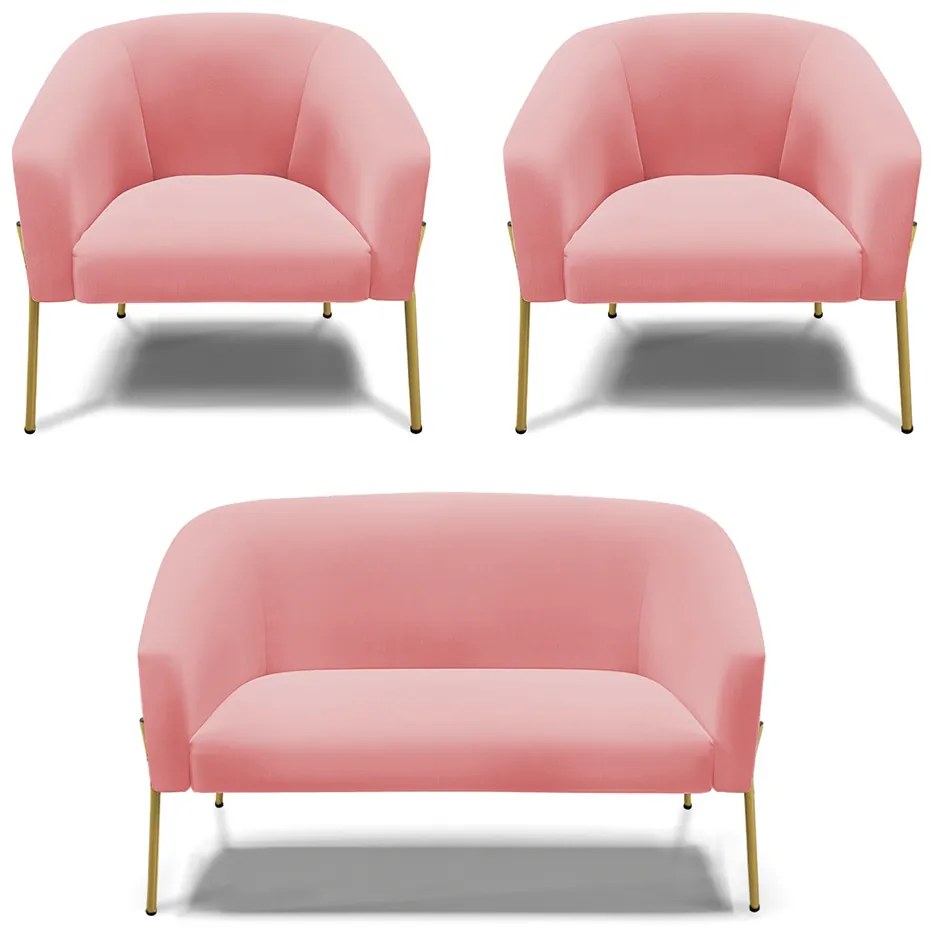 Namoradeira e 2 Poltronas Pé de Ferro Dourado Stella Suede D03 - D'Rossi - Rose