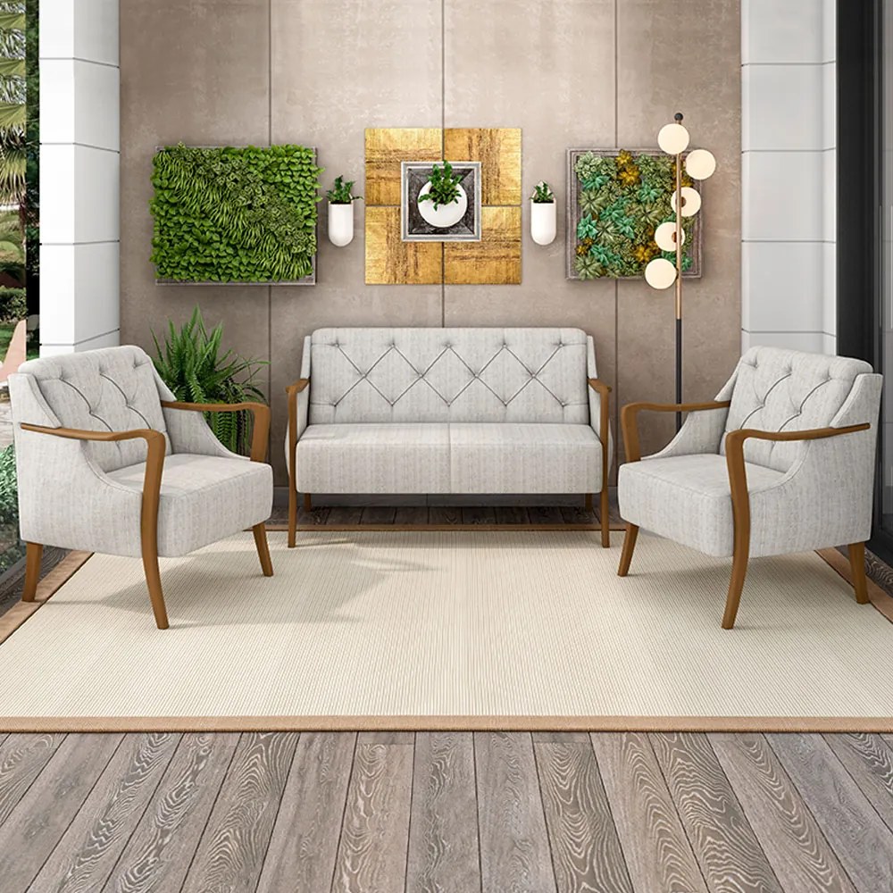 Kit 2 Poltronas Decorativas Braços em Madeira Hand Linho Cru G45 - Gran Belo