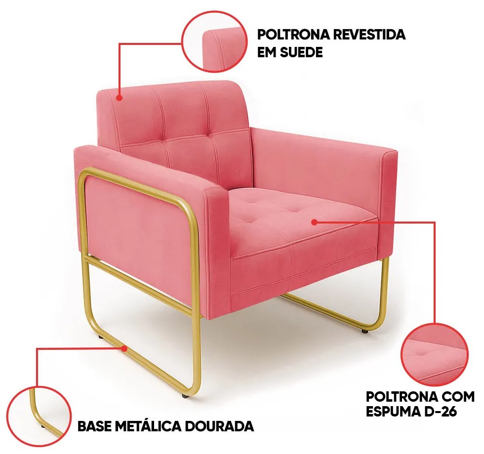 Poltrona Sala Industrial Alta Tubo Dourado Elisa Suede D03 - D'Rossi - Rose