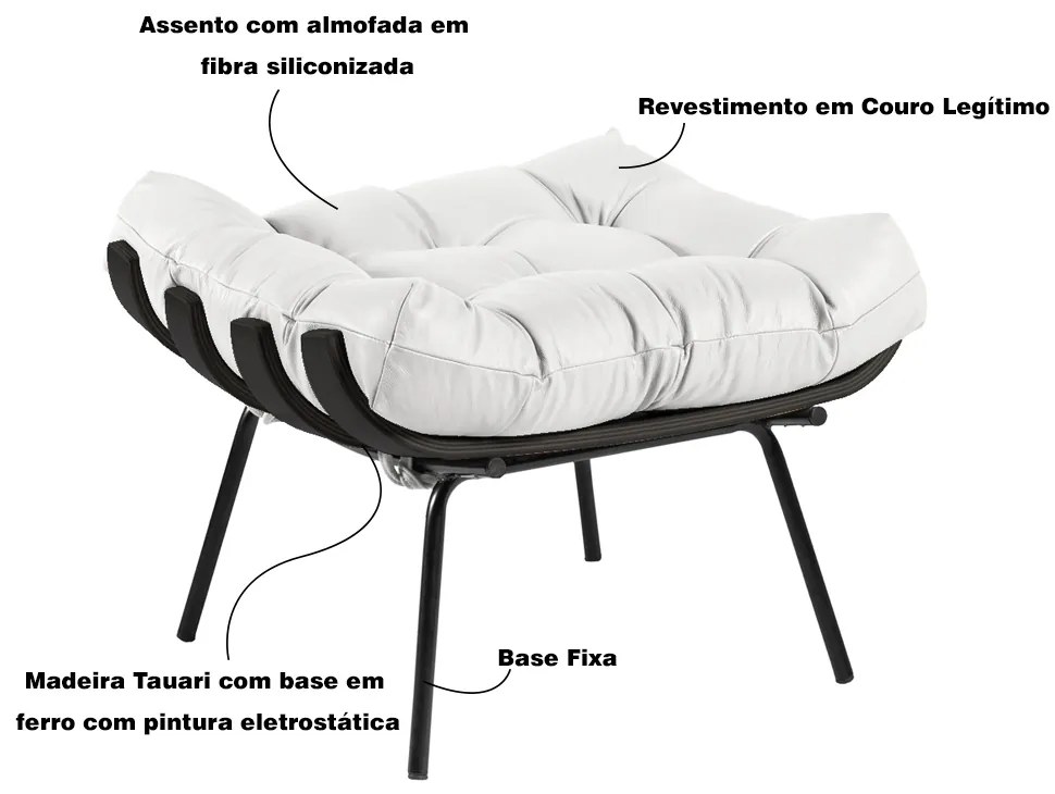 Puff Decorativo Sala de Estar Costela Base Preta Couro Branco G34 - Gran Belo