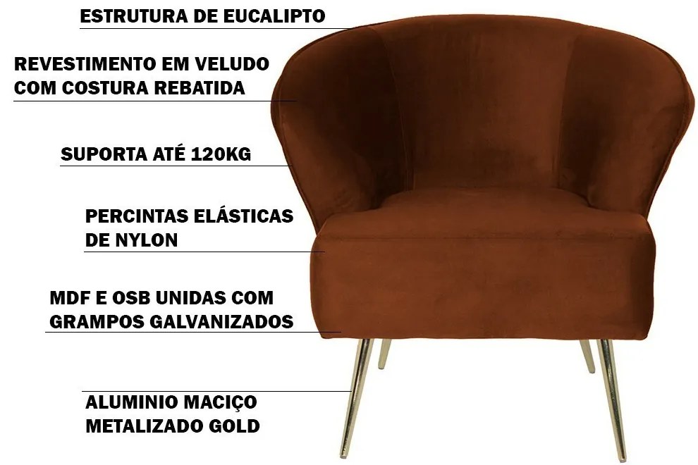 Poltrona Decorativa Sala de Estar Lucca Veludo Telha G15 - Gran Belo
