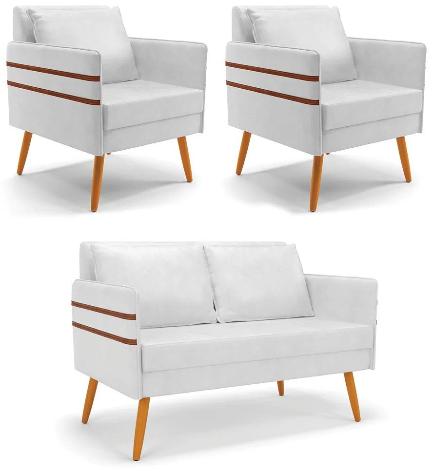 Kit 01 Namoradeira 02 Lugares e 02 Poltronas Mari Corano Pés Palito Castanho - D'Rossi - Branco