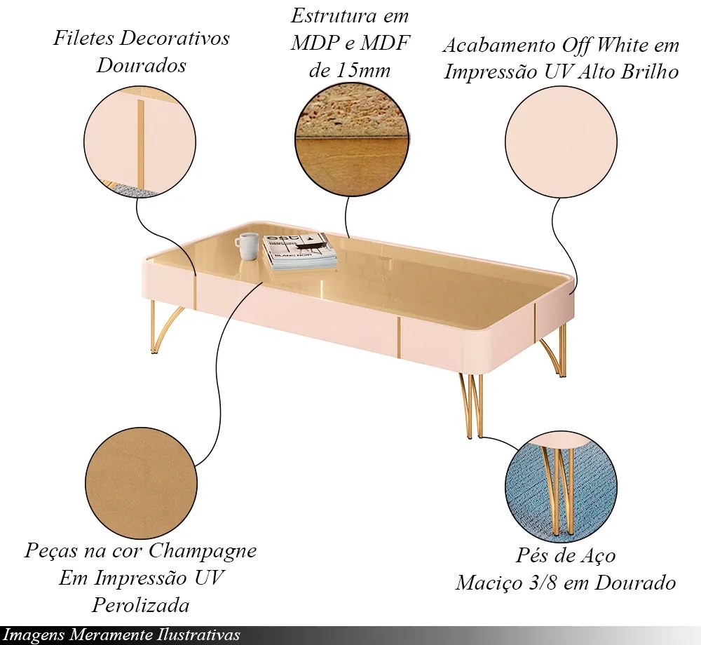 Mesa de Centro Rennes Decorativa MDP/MDF Pés de Aço Off White/Champagne G26 - Gran Belo