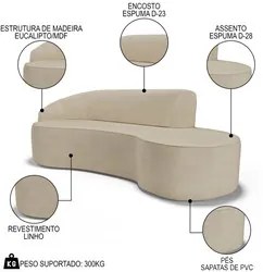 Sofá Living  3 Lugares 210cm Braço Esquerdo Mozart D06 Linho Bege Escu