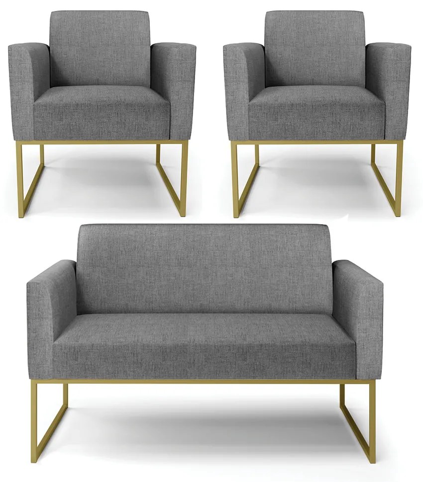 Sofá Namoradeira com 2 Poltronas Base Industrial Dourado Marisa Linho Grafite A26 D03 - D'Rossi