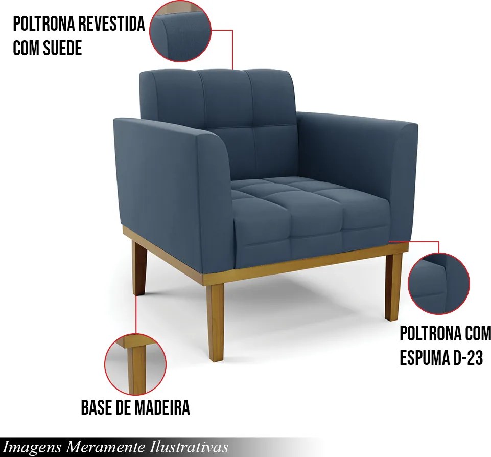 Poltrona Decorativa Karen Pés Fixo em Madeira Castanho Suede Azul Marinho G19 - Gran Belo