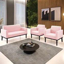 Sofá Namoradeira e 2 Poltronas Base Madeira Preto Maressa Suede Rosa B