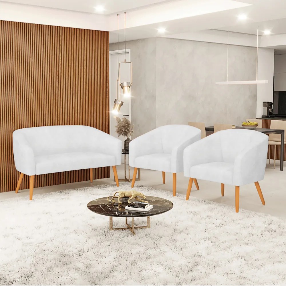 Namoradeira e 2 Poltronas Pé Palito Castanho Stella Sintético PU D03 - D'Rossi - Branco