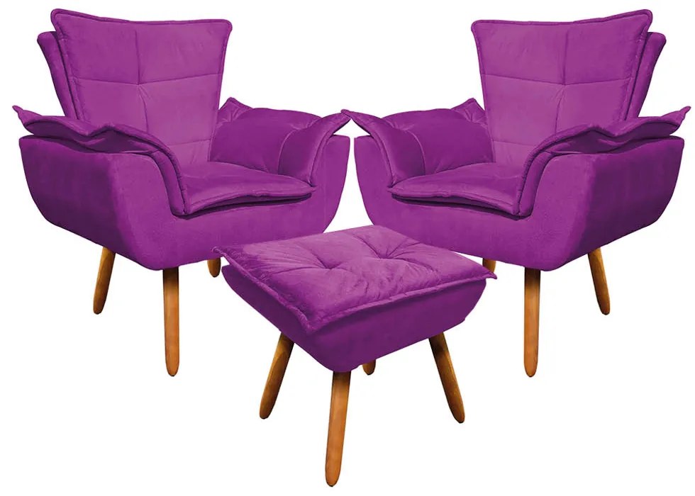 02 Poltronas e 01 Puff Pé Palito de Madeira Opala Suede - Roxo