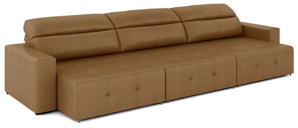 Sofá Retrátil 4 Lugares 284cm 3 Módulos Nero Couro Caramelo G52 - Gran Belo